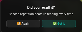 ClipMark revealing the saved note after the clip played, with Again and Got it buttons.